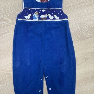 12-18m Little Cactus blue nativity scene smocked longalls